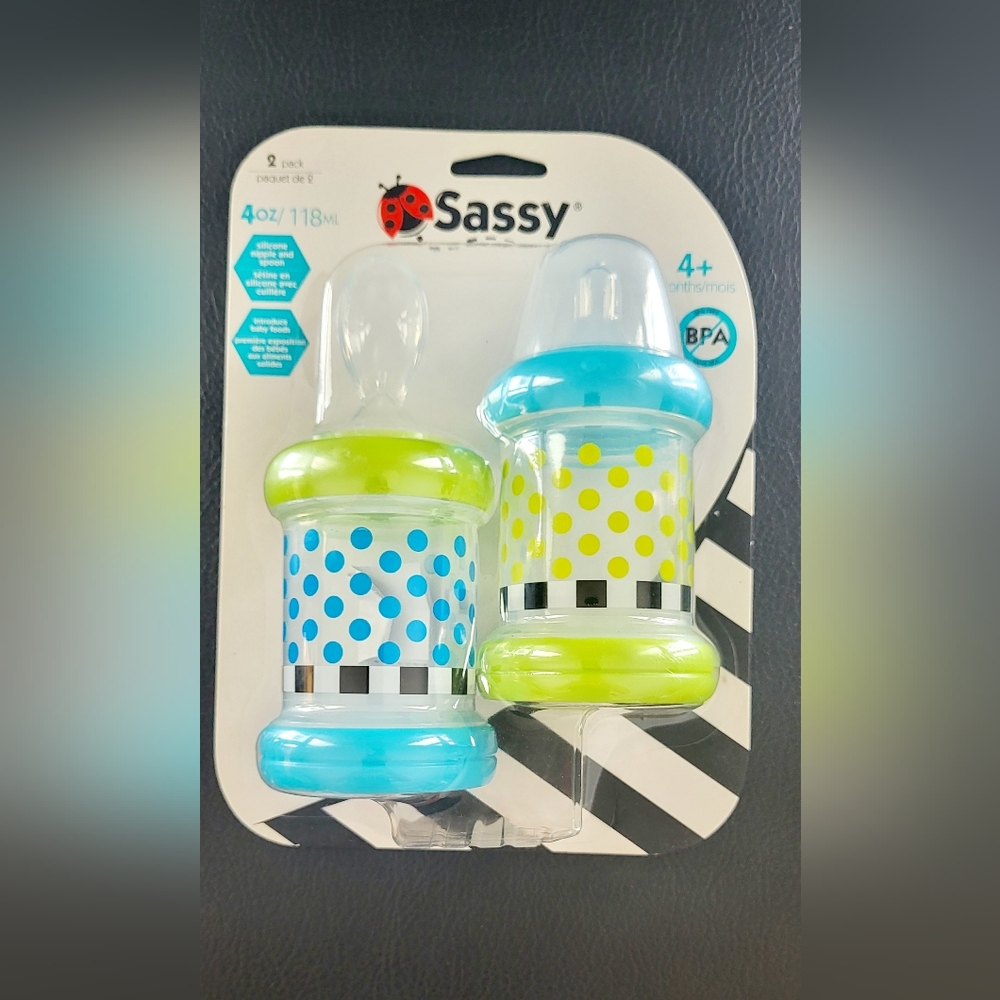 Sassy 2 pack 4 oz/118 ml Baby Food Bottle, Nipple, Spoon 4+ months Multi-colored